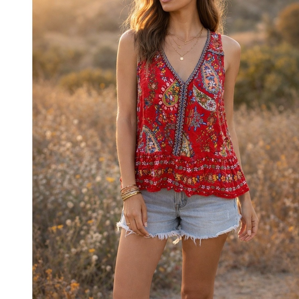 Patrons of Peace Red Boho Tank Floral Paisley V Neck Flowy Top Embroidery Peplum